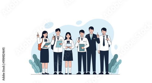 Group of diverse high school students and a teacher in uniforms standing together and holding notebooks for an academic group portrait.