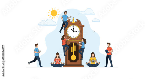 Concept of time management showing small people performing various activities like running, working, and meditating around a large clock.