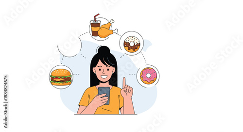 Young woman uses her smartphone to order a variety of fast food items like burgers, donuts, and fried chicken from a mobile app.