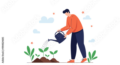 Man in an orange sweater carefully watering small green sprouts in the soil with a dark blue watering can in a simple garden.