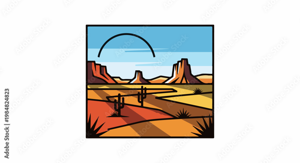 Obraz premium Stylized desert landscape with mesas, cacti, and a vast blue sky
