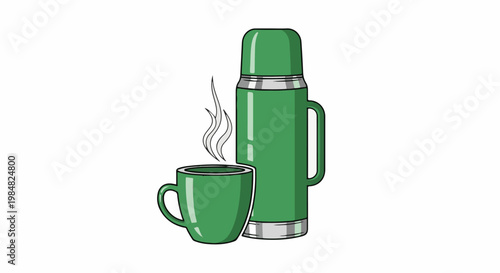 Green thermos bottle and steaming cup of hot beverage