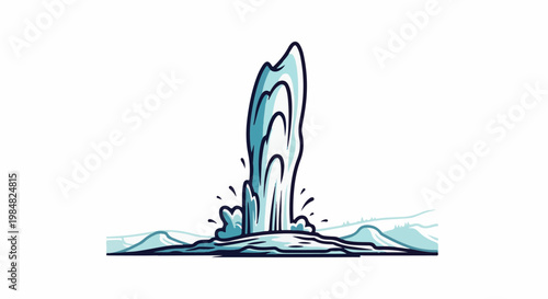 Stylized geyser erupting with water plumes and distant hilly landscape