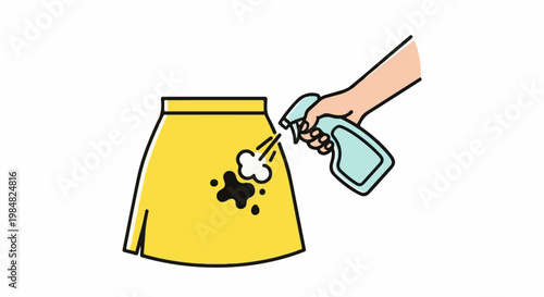 Hand spraying stain cleaner on a yellow skirt with dark spots