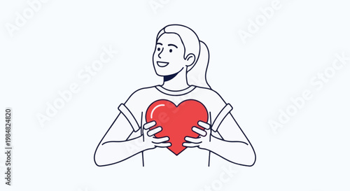 A smiling woman with a ponytail holds a red heart in front of her