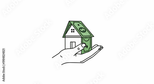 Hand holds house with money as roof, representing financial security