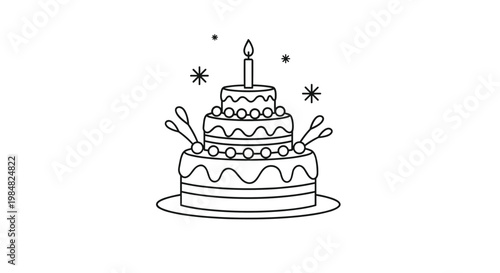 Three tiered celebration cake decorated with icing and a single candle on top is surrounded by festive starburst shapes in outline.
