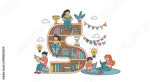 Happy children sit and read books on and around a giant alphabet letter S which is designed as a creative wooden bookshelf for kids.