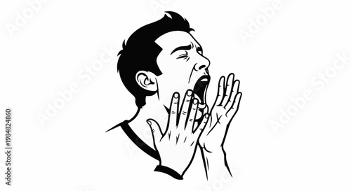 Man with mouth wide open, hands reaching out, in distress or shock