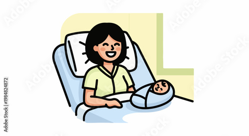 Joyful mother and newborn baby in hospital bed, smiling, cozy