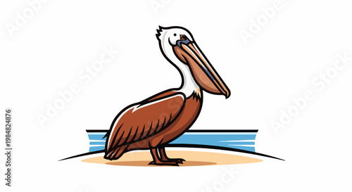 Stylized brown and white pelican standing on sandy beach near blue water