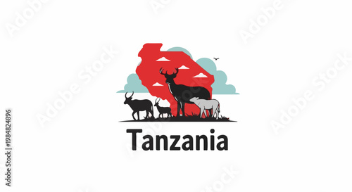 Stylized country map silhouette with wild animals and clouds