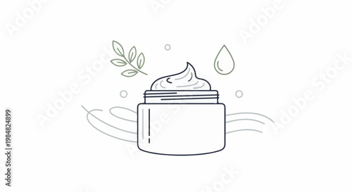 Minimalist illustration of a skincare jar with herbal accents and liquid drop