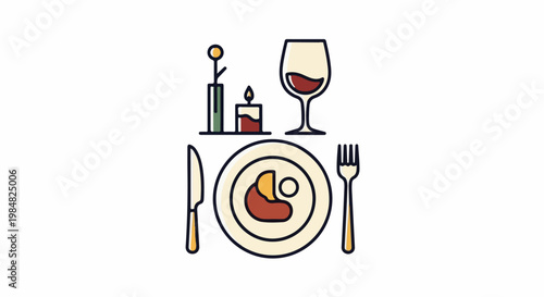 Romantic dinner setup steak, wine, candle, and flower