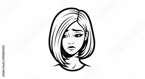 Black and white illustration of a worried woman's face with bobbed hair
