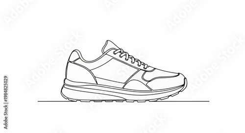 Line art of a single athletic shoe with laces and a textured sole