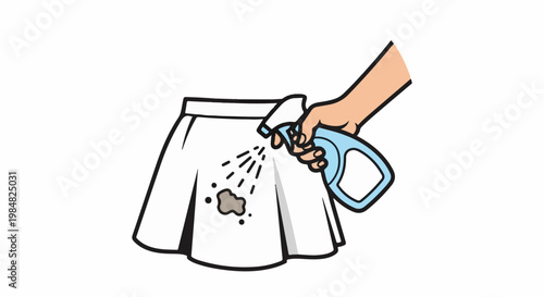 Hand sprays stain remover on a dirty white skirt with pleats