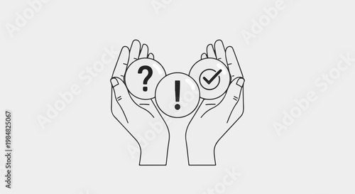 Hands holding spheres with question, exclamation, and checkmark symbols