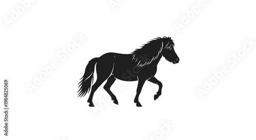 Silhouette of a horse walking on a white background, showing mane and tail