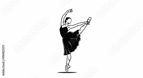 Ballet dancer in black costume performs a graceful pose on tiptoes