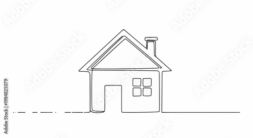 Simple outline of a house with a chimney and windows on white background
