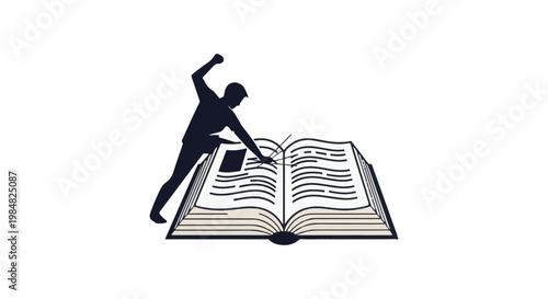 Silhouette of a person actively engaged with an open book, possibly studying or teaching