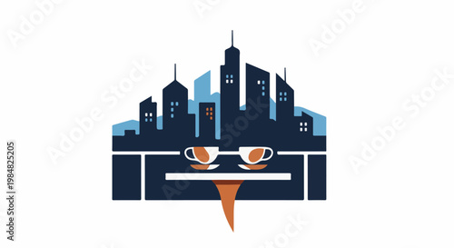 Stylized city skyline with a face made of coffee cups and an abstract beard
