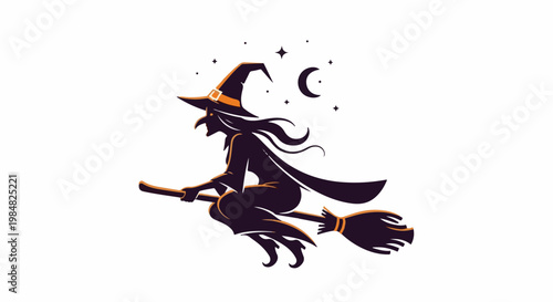 Silhouette of a witch on a broomstick flying under a crescent moon and stars