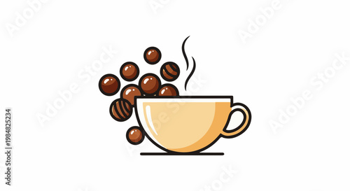 A whimsical illustration of a steaming cup overflowing with chocolate spheres