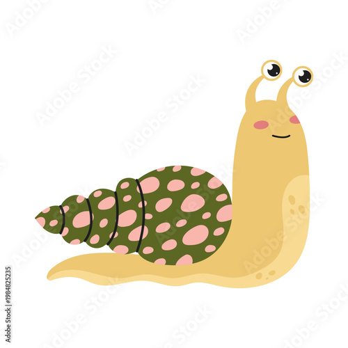 A cute snail with a bright green pink spotted shell isolated on a white background. Vector flat illustration.