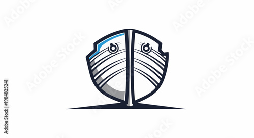 Stylized front view of a white boat with blue trim and dark hull