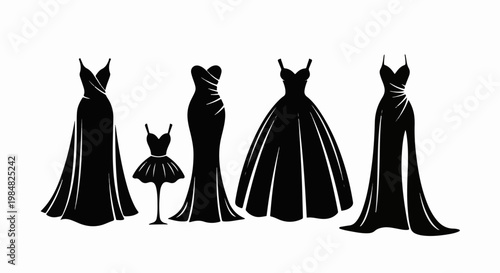 Silhouettes of five elegant dresses in black on a white background