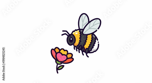 Cute cartoon bee flying towards a colorful flower with a heart shape