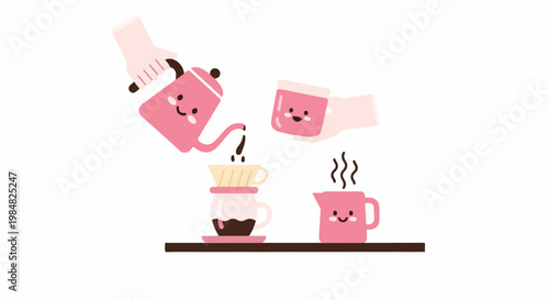Cute pink kettle pours coffee into a cup with a filter