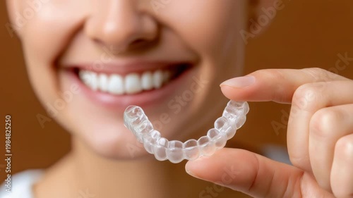 Tracking shot of woman holding clear dental aligner moving toward smiling mouth in studio close up