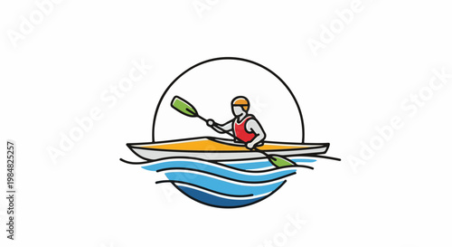 A stylized graphic of a person kayaking on water