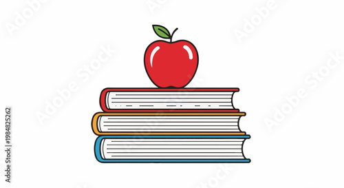 Stack of colorful books with a red apple on top