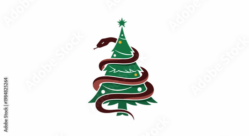 A stylized serpent coils around a festive green Christmas tree with a star