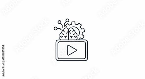 A stylized brain with gears and circuitry above a video play button