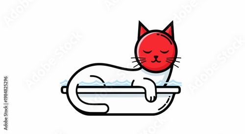 Stylized cartoon cat with a red face, resting in a white bathtub with water