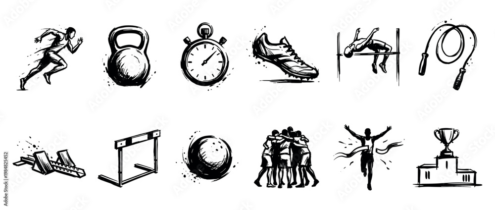 Obraz premium Set of twelve black sport icons in a hand-drawn sketch style showing athletics, competition, and fitness activities like running, jumping, weight training, and winning