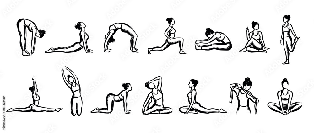 Fototapeta premium Collection of diverse yoga poses illustrated with expressive black ink brush strokes, showcasing various female figures practicing stretching and flexibility exercises in a clean, artistic style