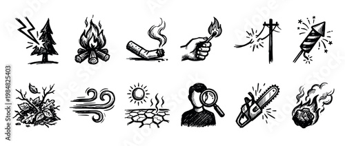 Hand-drawn wildfire cause icons set showing lightning, campfire, cigarette, match, drought, and arson investigation in a black and white sketchy doodle style illustration