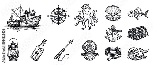 Collection of hand-drawn nautical icons featuring a fishing boat, octopus, compass, and diving helmet in a vintage black and white sketch style for maritime themes