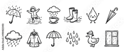 Collection of hand-drawn rain-themed doodle icons, including umbrellas, raincoats, boots, clouds, and happy raindrops, rendered in a charming sketch style