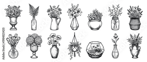Large set of hand-drawn flowers and plants in a vintage engraving style, featuring roses, tulips, lilies, succulents, and lavender in various decorative vases, pots, and jars