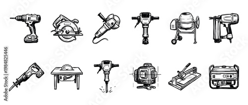 Various hand-drawn construction and power tools are depicted in a detailed sketch style, showcasing essential equipment for building, renovation, and DIY projects