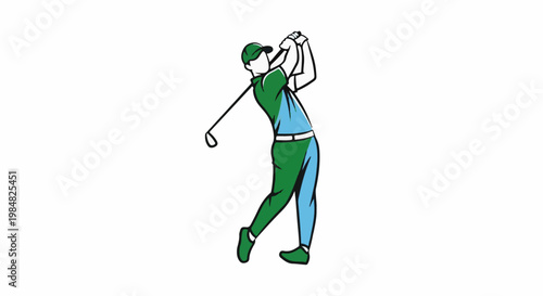 Stylized golfer mid-swing, two-tone outfit, white background