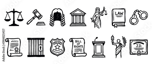 Set of hand-drawn law and justice icons featuring a gavel, scales, courthouse, and police badge in a black and white doodle style collection for legal and government concepts