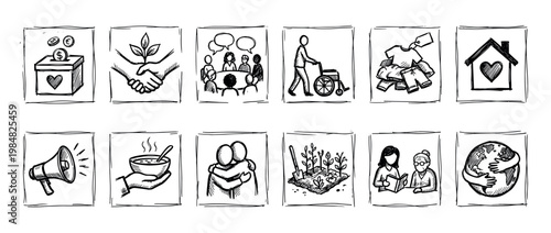 Twelve hand-drawn black and white charity and community icons are neatly arranged in a grid, depicting various acts of social support, environmental care, and humanitarian aid with a warm